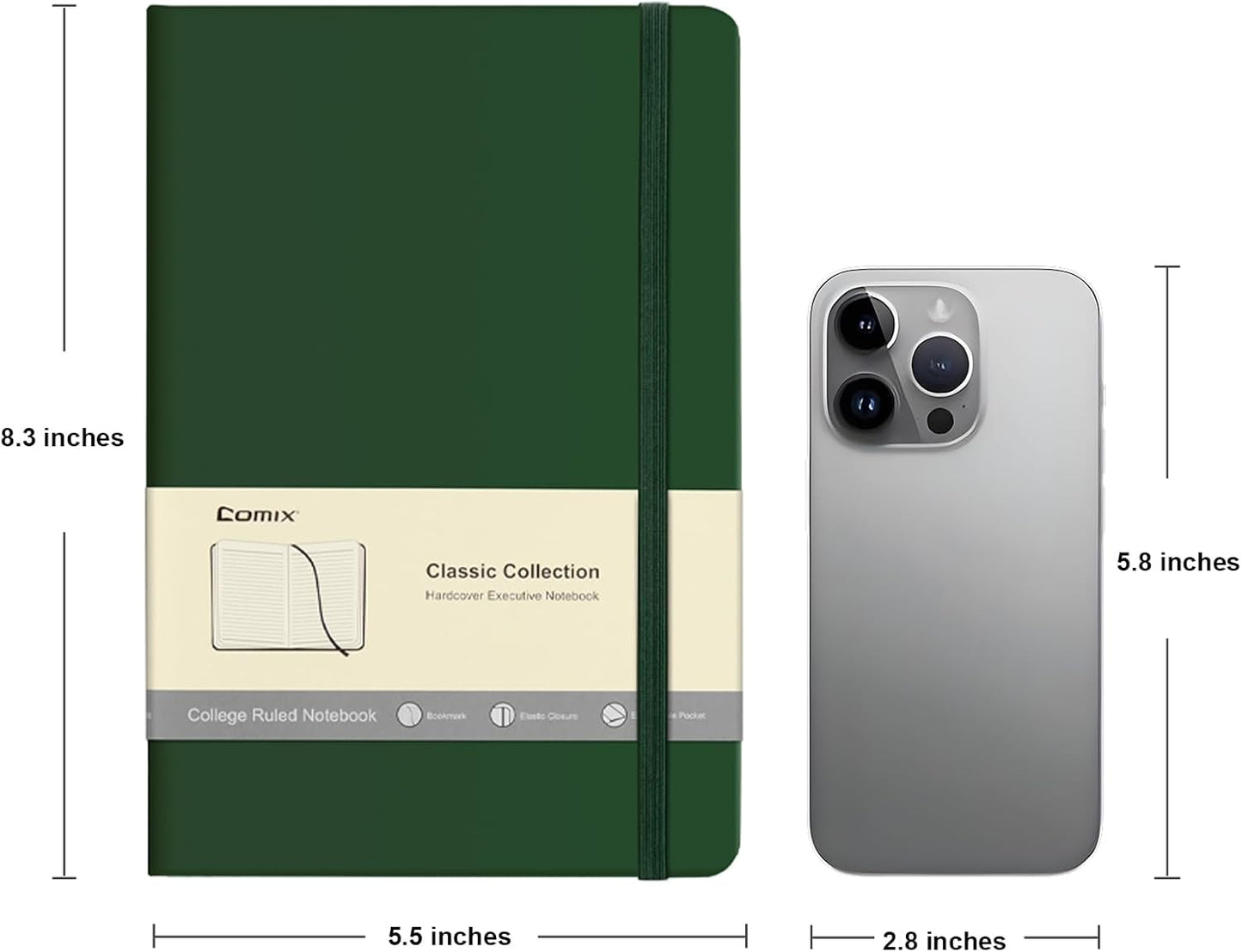 Comix Lined Journal Notebook for Women Men, Journaling Notebooks for Office School Home, Dark Green, 240 Pages, 5.5" x 8.3", College Ruled, A5, Hardcover