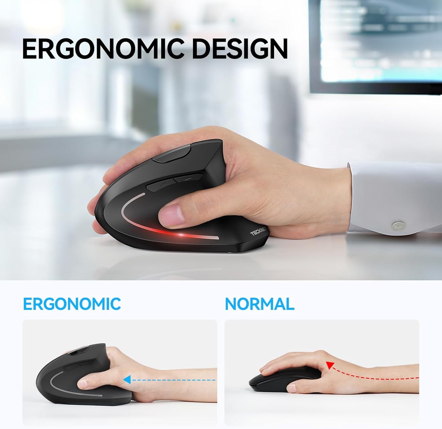 TECKNET Ergonomic Mouse, Wireless Bluetooth Vertical Mouse, 4800 DPI Optical Tracking, 6 Adjustable DPI, Quiet Clicks, 2.4GHz with USB A Receiver, 12 Months Battery, 6 Buttons, Wide Compatibility