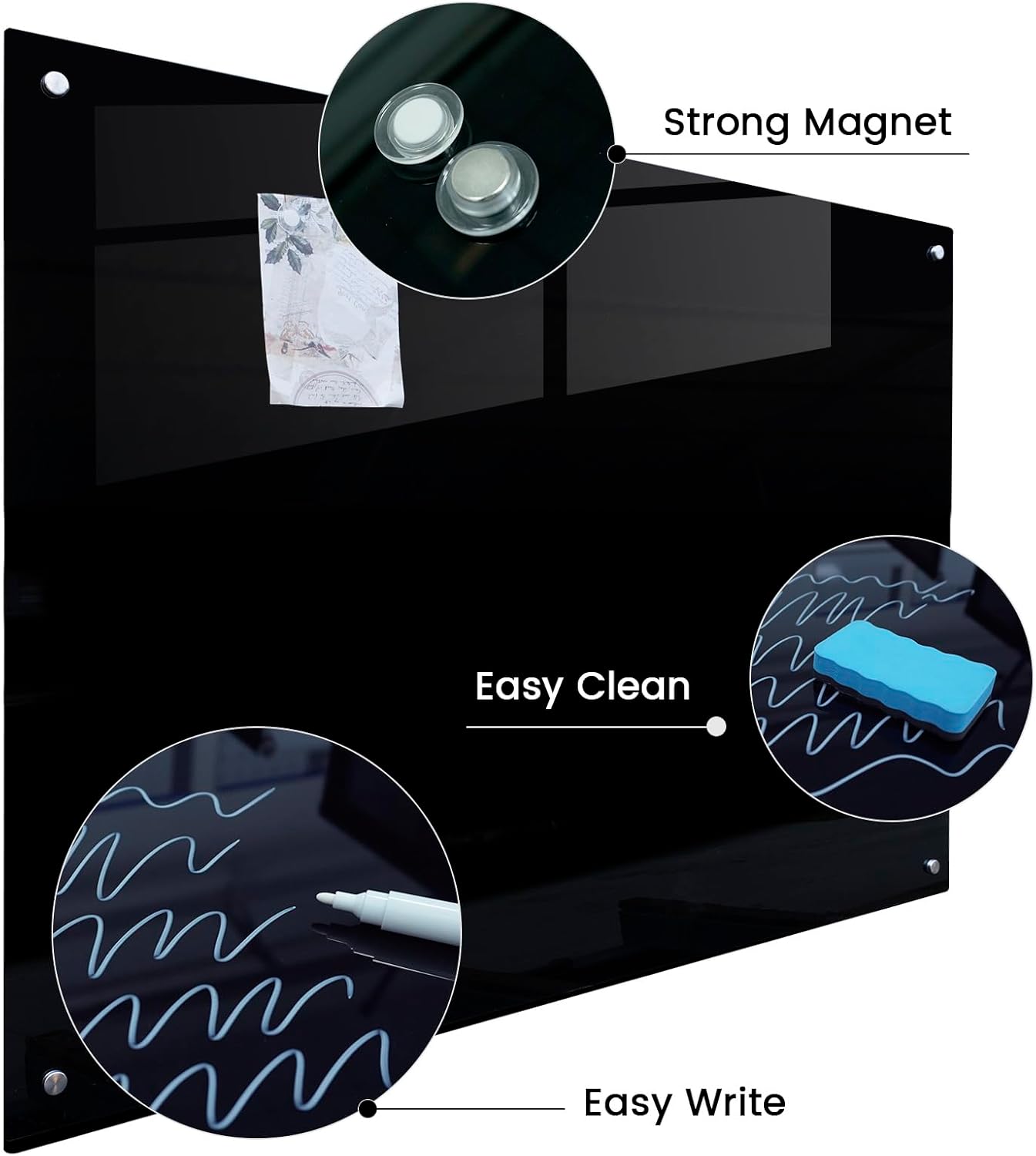 Glass Magnetic Black Board - 48 x36 Inches Frameless Dry Erase Blackboard for Wall, Wall Mounted Glass Board, Writing Board for Office, Meetings and Schools