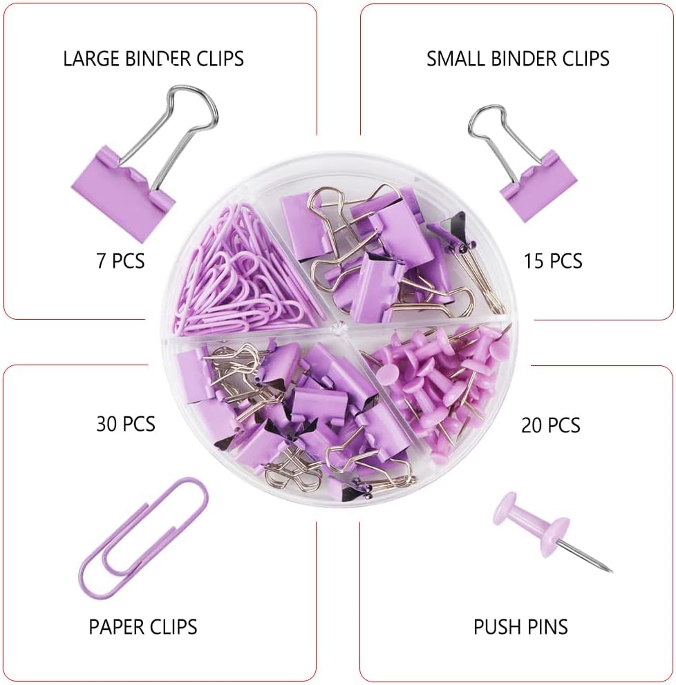 Purple Paper Clips and Binder Clips Set, 216 pcs, Metal Assorted Sized Binders with Push Pins, Cute Office Supplies for Desk, Durable Desk Accessories, 3 Pack