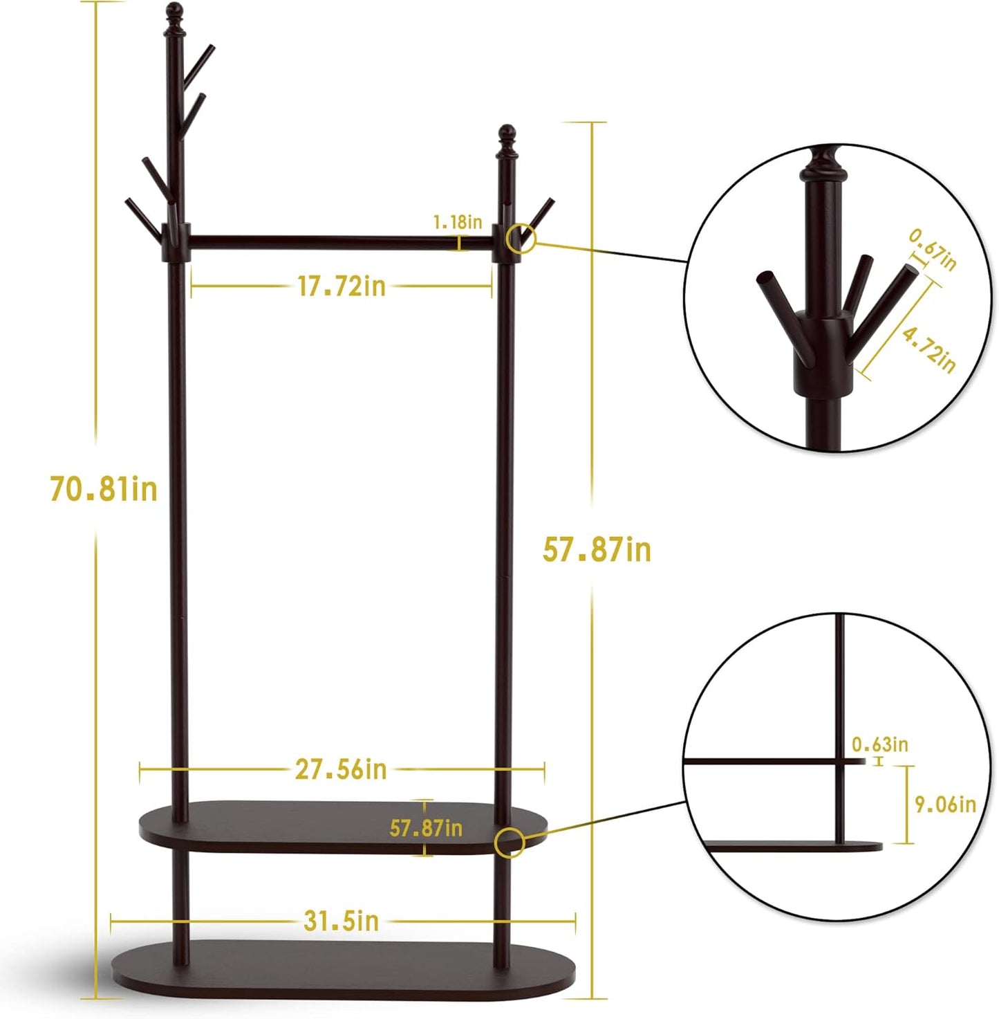 2-Tier Coat Rack Freestanding, Easy Assemble 8 Hooks Wooden Coat Rack with Shoe Storage Sturdy Coat Tree Save Space, Rustic Coat Stand for Entryway, Bedroom, Office (Dark Brown)
