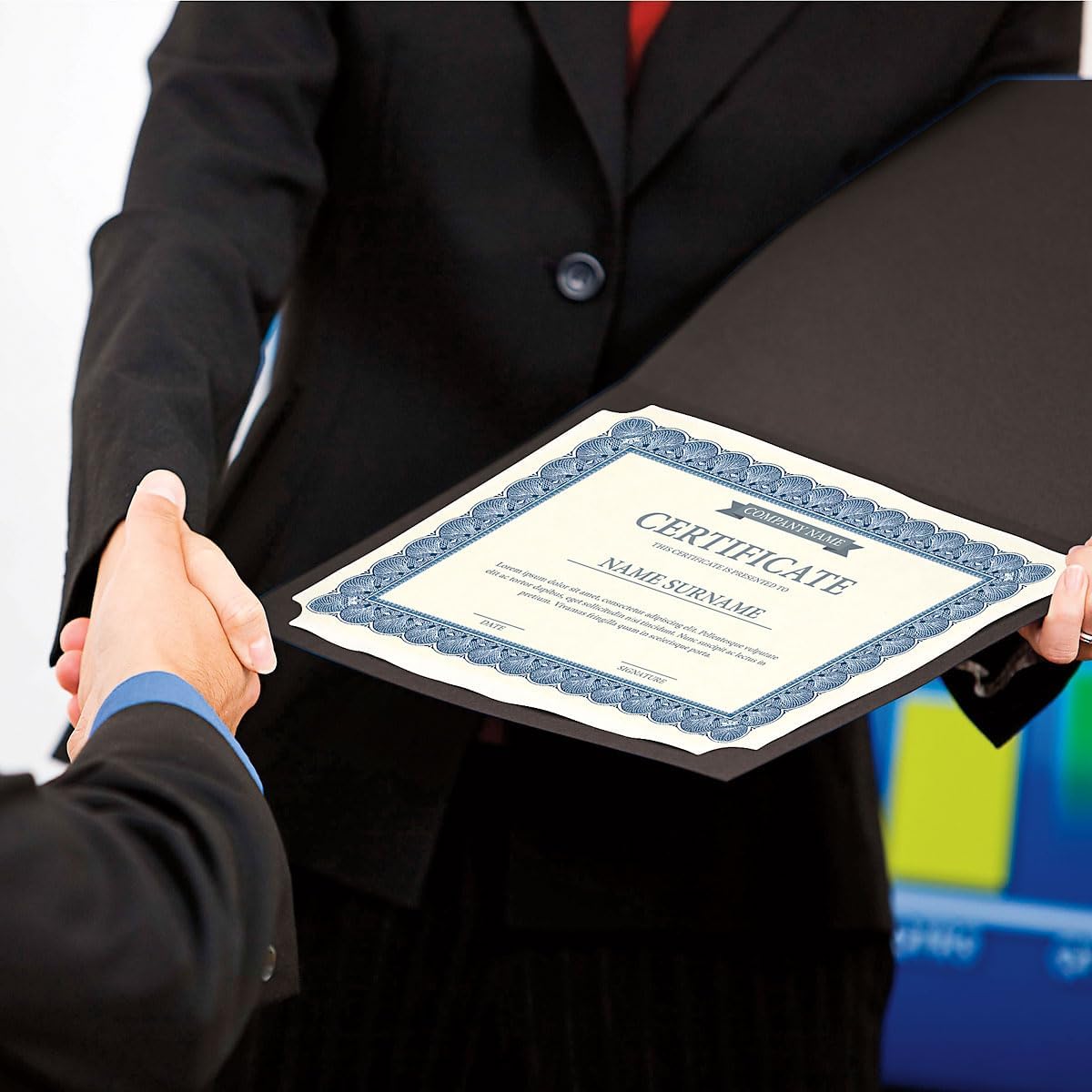 Plain Black Certificate Folders - Pack of 10, Linen Cover 80 lb. Stock, Folded, Die-Cut Corners, for Office, Business Awards, Graduation, School Diploma Holder, 9-1/2" x 12"
