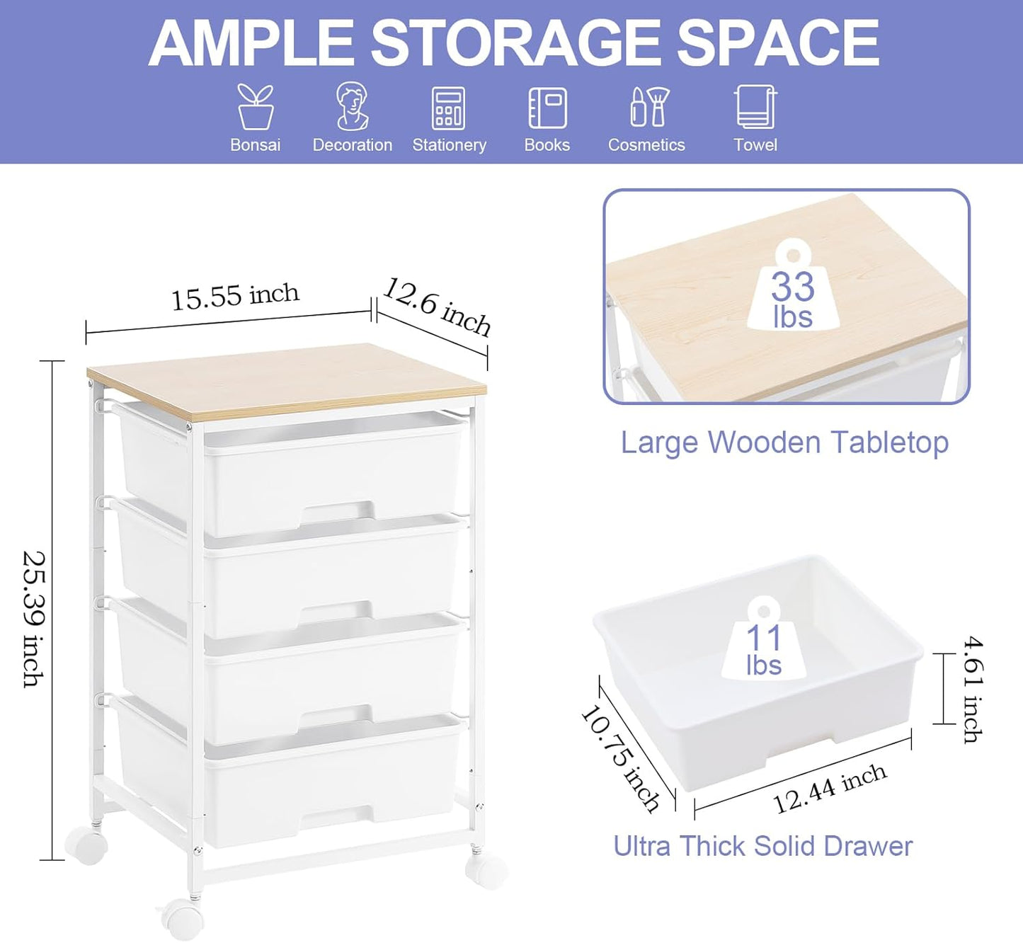 Utility Cart with 4 Drawers, Multipurpose Rolling Storage Cart with 4 Drawers and 2 Lockable Wheels, 4-Tier Rolling Storage Cart Organizer for Home Office Dorm, Bright White