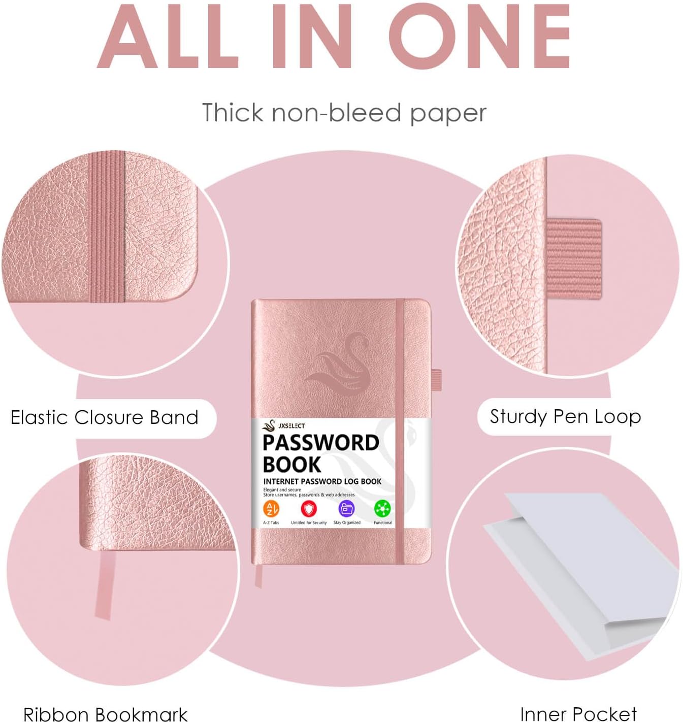 Elegant Password Book with Alphabetical Tabs - Hardcover Password Book for Internet Website Address Login - 7" x 10" Password Keeper and Organizer w/Notes Section & Back Pocket (Rose Gold)