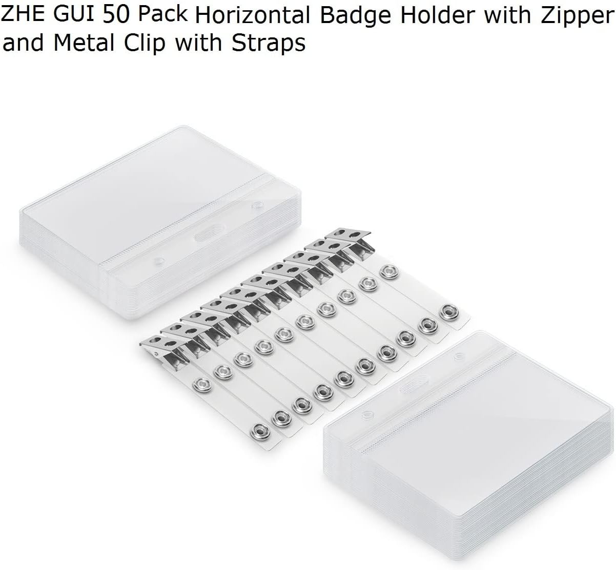 Clear Plastic Name Tag Holder and Metal Badge Clips with Vinyl Straps Waterproof PVC ID Card Holders Heavy Duty(50 Pack, Horizontal Large 3x4)