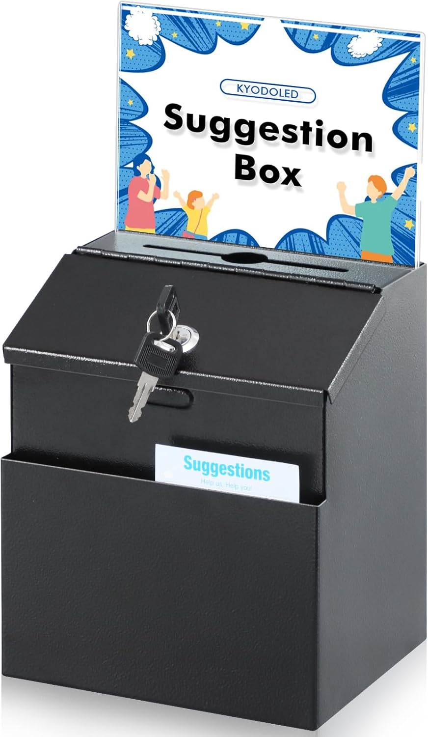KYODOLED Suggestion and Ballot Box with Lock and Slot, Metal Wall Mounted Donation Key Drop Box with Clear Acrylic Sign Holder and 50 Free Suggestion Cards & 2 Keys, 8.5H x 5.9W x 7.3L Inch, Black