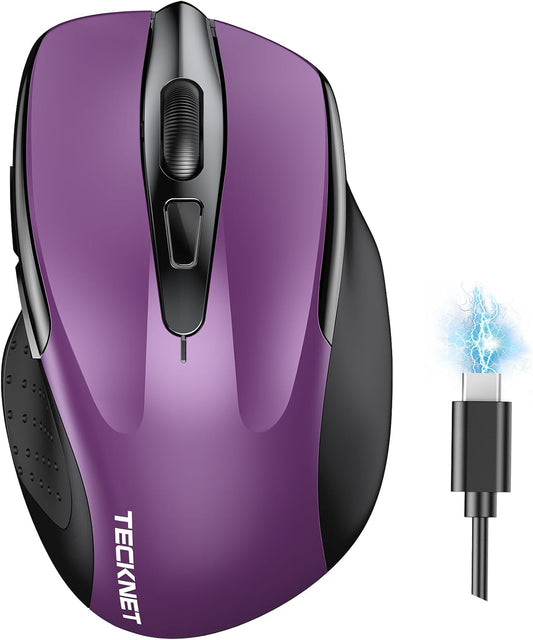 TECKNET Wireless Mouse (BT5.0/3.0 & 2.4G) Rechargeable 4800 DPI Silent USB A & Bluetooth Mouse 6 Buttons, Wide Compatibility - Purple