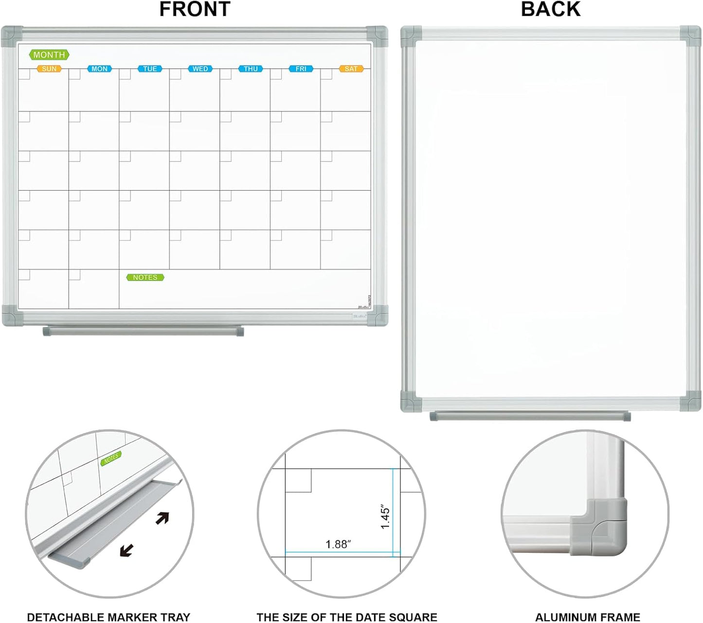 JILoffice Monthly Dry Erase Calendar Whiteboard 15 x 12 Inch, Double Sided Hanging Dry Erase Board/Calendar Board, Silver Aluminum Frame Portable Board for Office Home and School