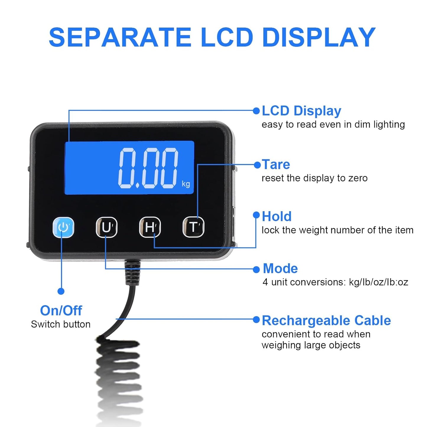 Digital Shipping Scale, 5g High Accuracy 440 lb Postal Scale with Hold and Tare Functions for Parcels/Luggage/Home, Manual/Auto Shutoff, Extended LCD Display, Batteries and AC Adapter Included