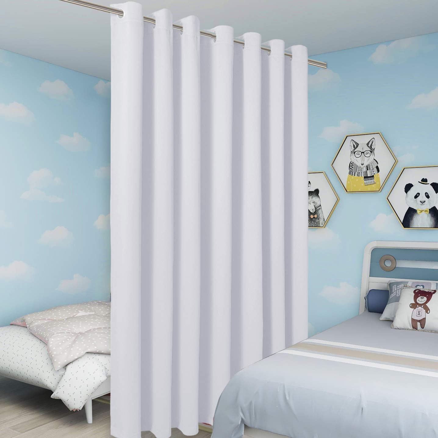 BONZER Extra Wide Room Divider Curtain Screen Partitions Total Privacy Wall Blackout Curtains for Home Theatre, Storage, 108L x 120W Inch (9L x 10W ft), 1 Panel, Greyish White