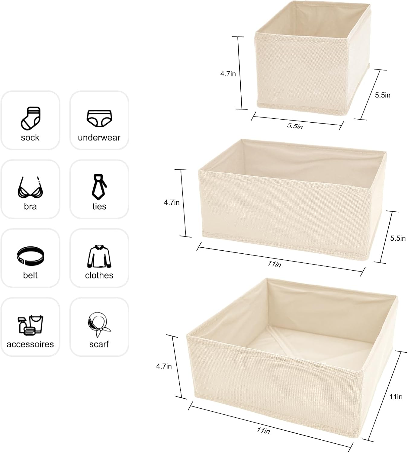 6 Pack Drawer Organizers for Clothing,Fabric Foldable Closet Organizers and Storage Dresser Drawer Dividers Storage Basket Bins for Clothes,Socks,Scarves,Ties,Underwear,Towels