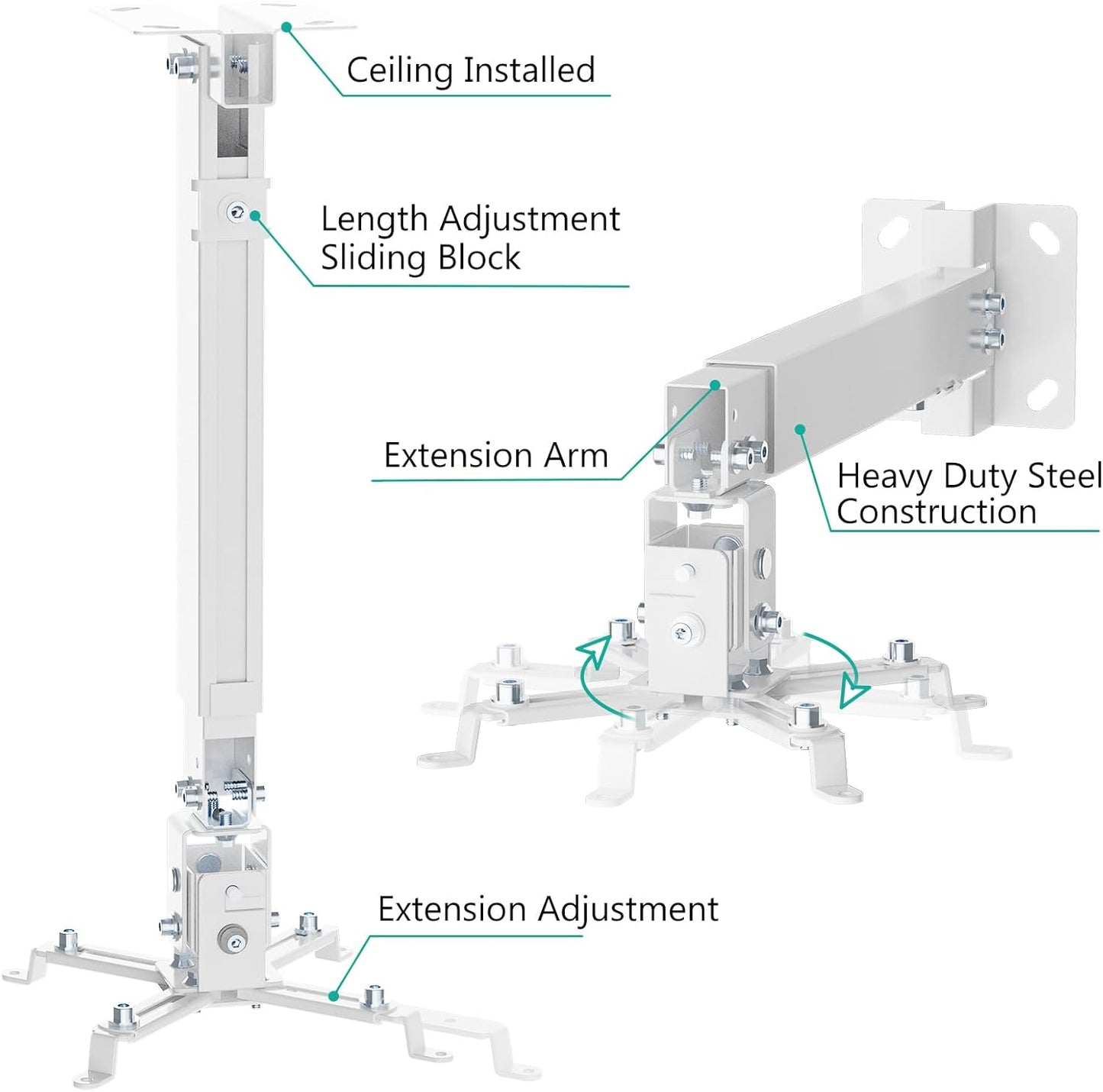 WALI Projector Mount Ceiling/Wall - Universal 3-in-1 Bracket with Extension Pole, Height Adjustable Holder for LCD/DLP Projectors, Supports up to 44lbs, White (PM-003-W)