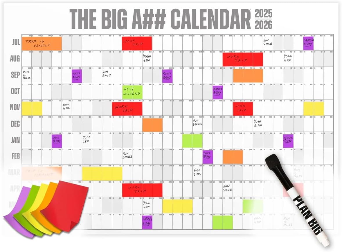 The Big A## Calendar Mid-Year Wall Planner – July to June Dry-Erase – Includes 1 Markers & 100 Labels – Lightweight, Easy to Hang Yearly Planner – Plan Goals & Adventures – Gray, 4’x3’