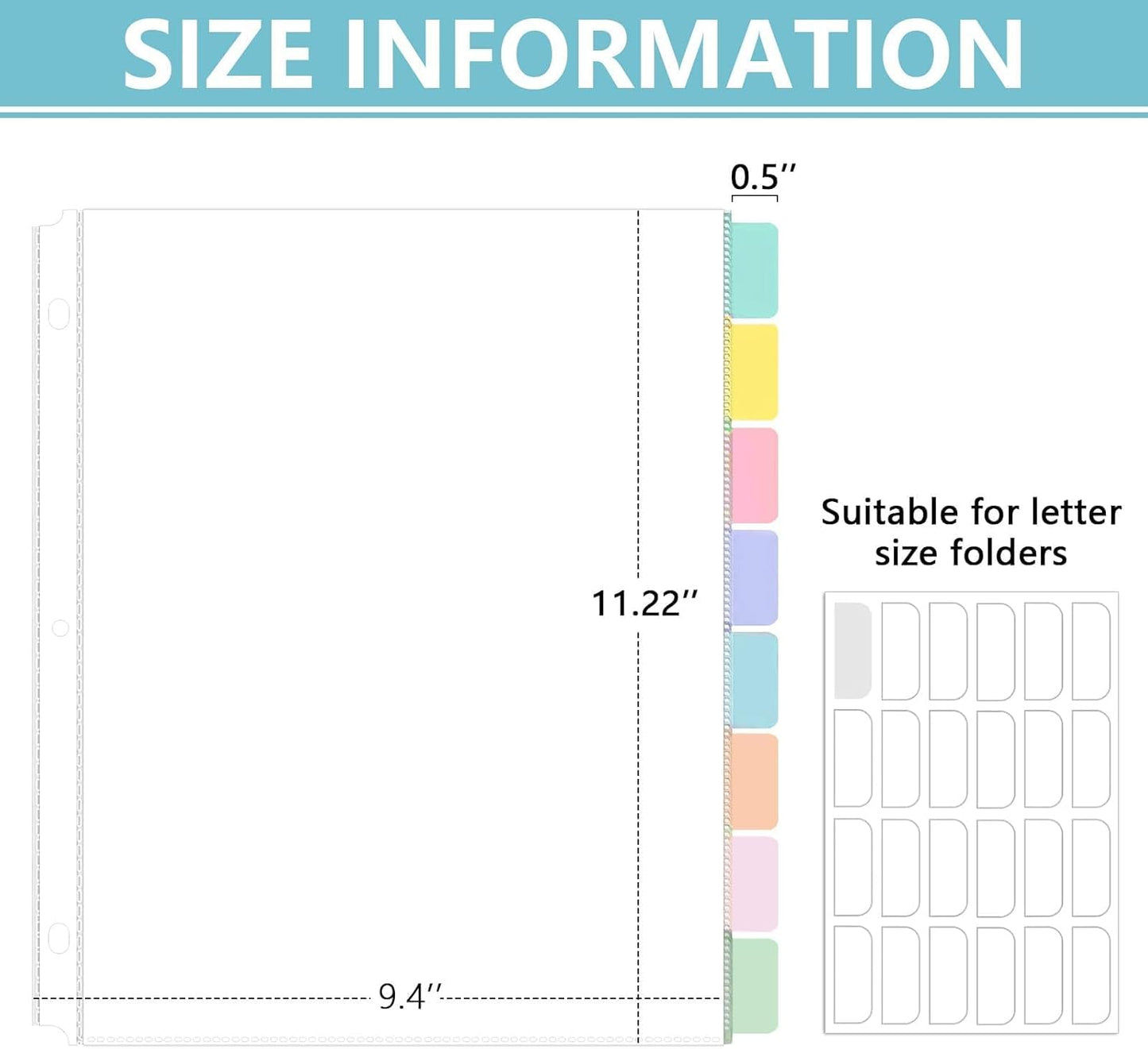 8 Set of 64 Pack Clear Binder Sheet Protectors for 3 Ring Binder Plastic Page Protector with 8 Tabs,Insertable Index Page Divider 8.5x11 Inch(Colorful)