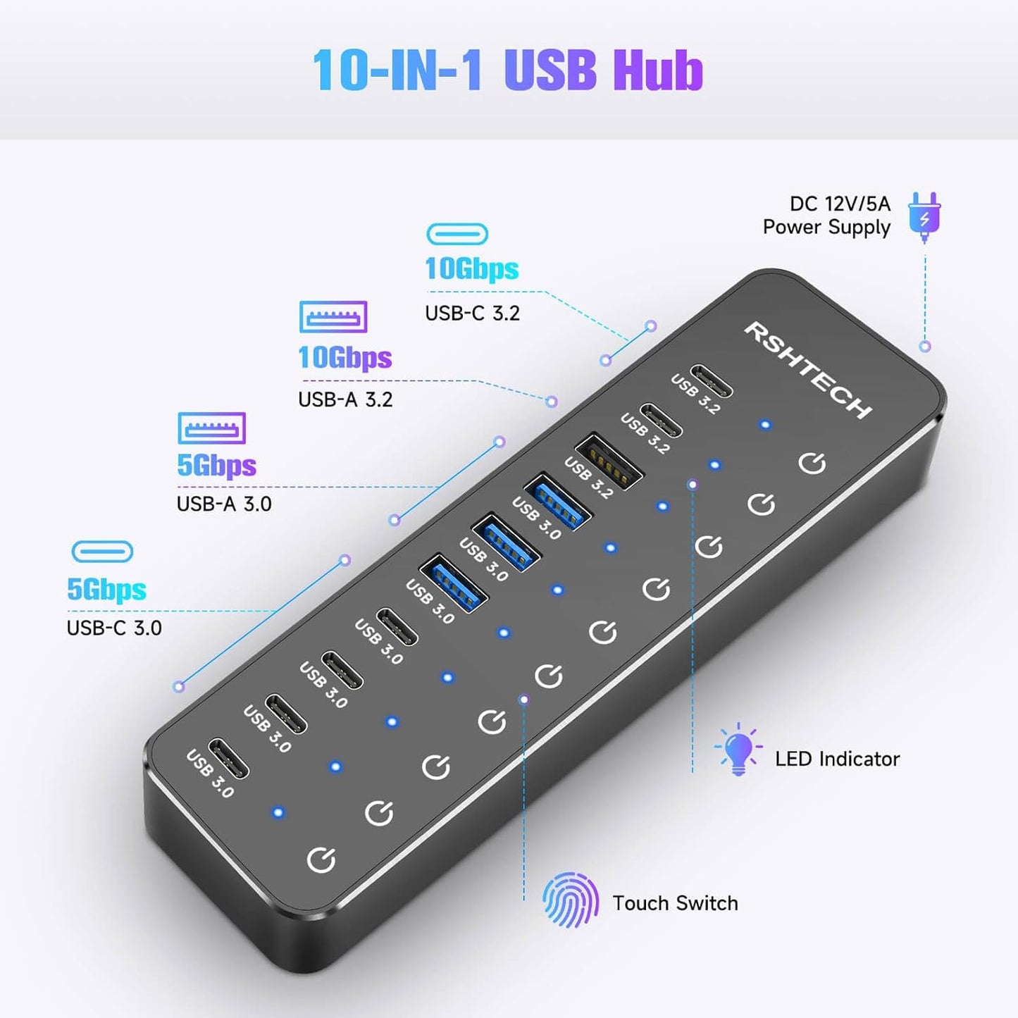 RSHTECH 10 Ports Powered USB 3.2/USB C Hub Splitter 60W with 3 x 10Gbps USB 3.2 Ports (2C + 1A),7 x USB 3.0 Ports (4C +3A), 3.3ft Cable and Individual Touch Switches for Laptop PC