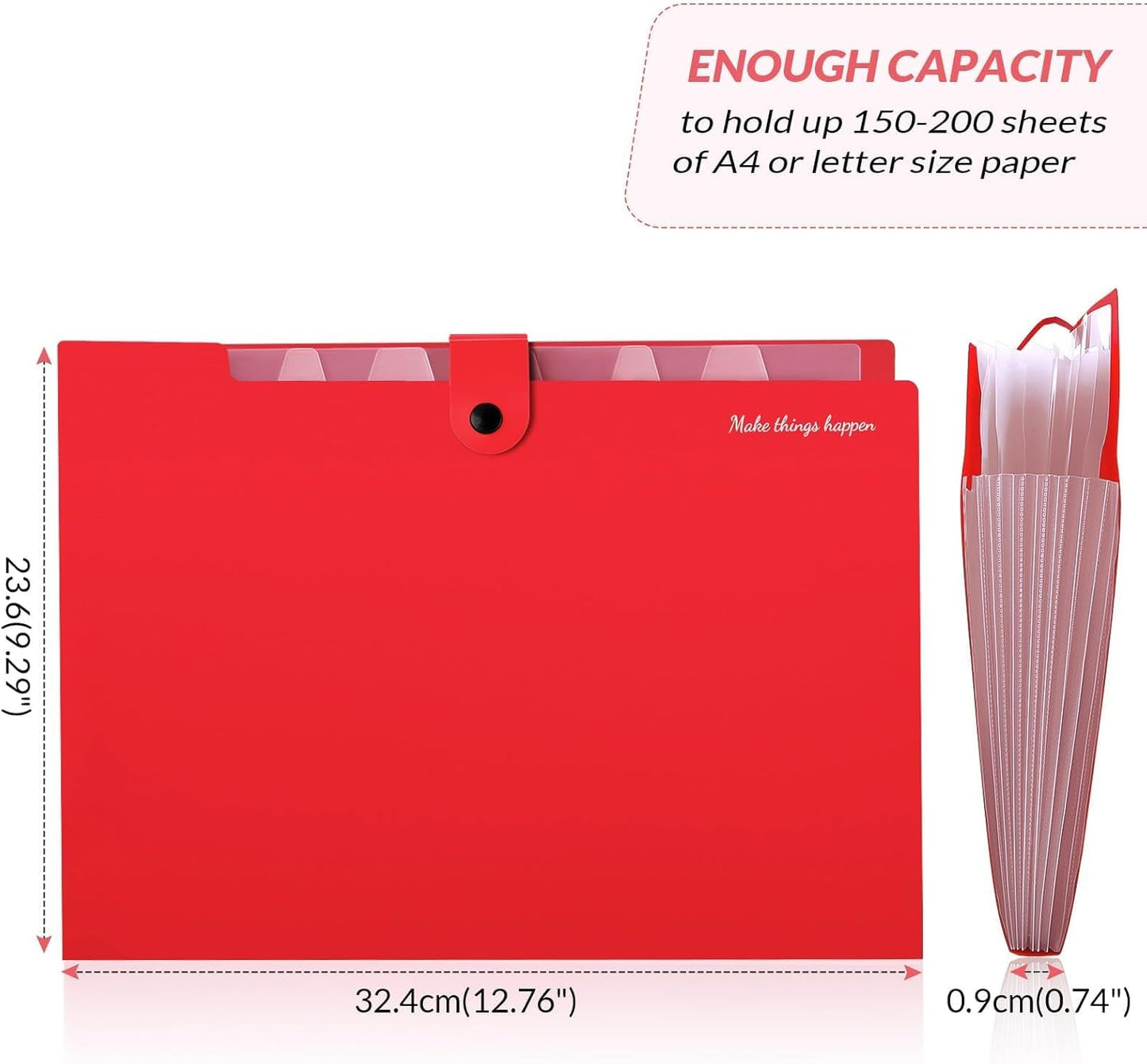 SKYDUE 8 Pockets Expanding File Organizer, Expandable File Folders with Pockets, Portable Document Paper Organizer, A4 Letter Size Filing Folder, Snap Closure, Red