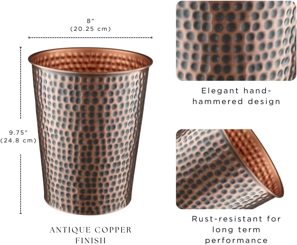 Monarch Abode Copper Hand Hammered Metal Wastebasket for Home Office Bedroom, Decorative Waste Basket, Modern Bathroom Garbage Can, Durable & Decorative Trash Bin, Antique Copper Bathroom Trash Can