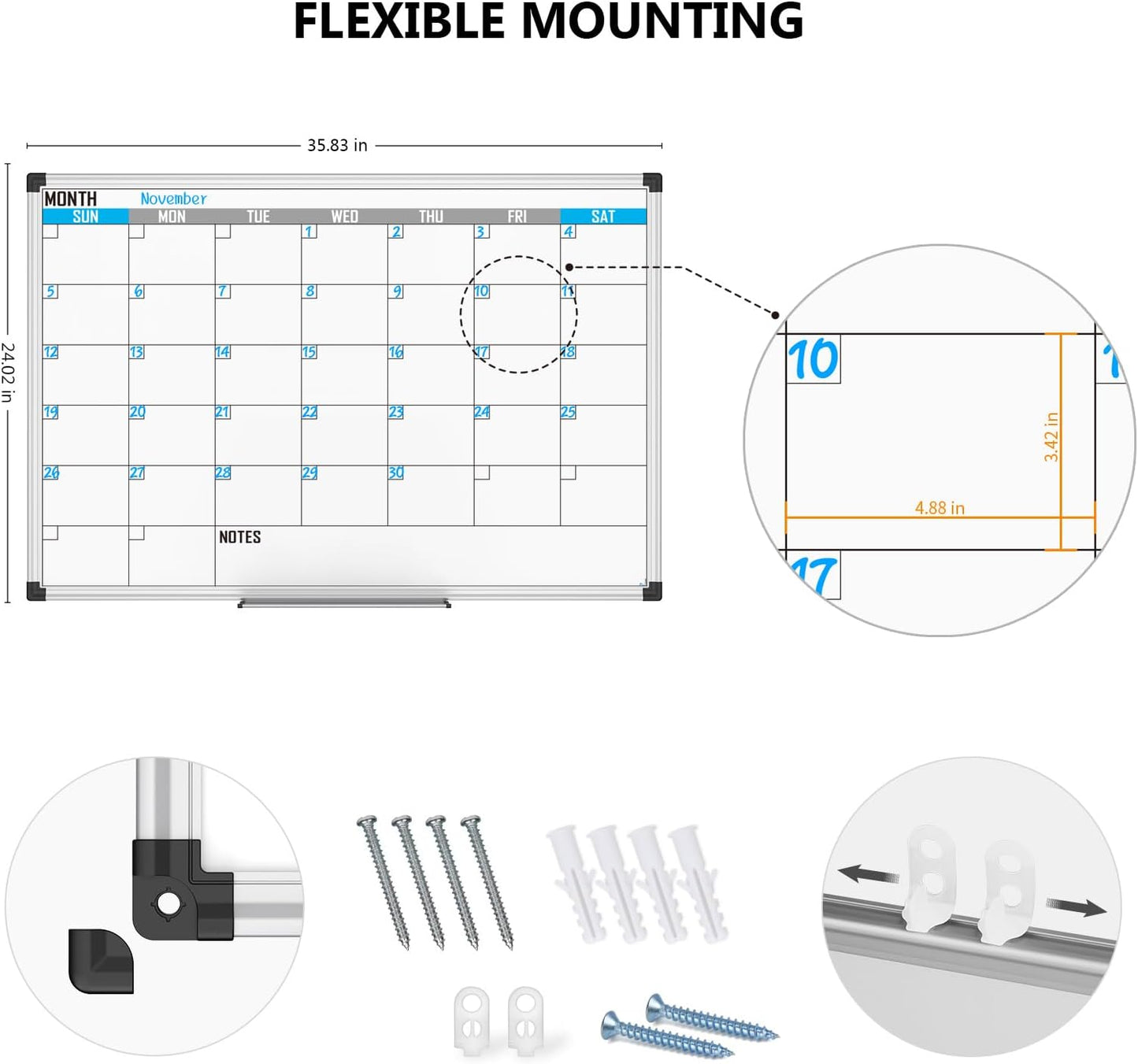 XBoard Magnetic Calendar Whiteboard 36" x 24" - Monthly Calendar Dry Erase Board, Reusable Colorful Calendar Board, Silver Aluminium Framed Monthly Planning Board