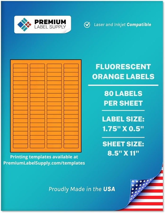 Premium Label Supply Bright Neon Color Fluorescent Sticker Labels - 1.75" x 0.5" Return Address Labels - (Fluorescent Orange, 8000 Labels)