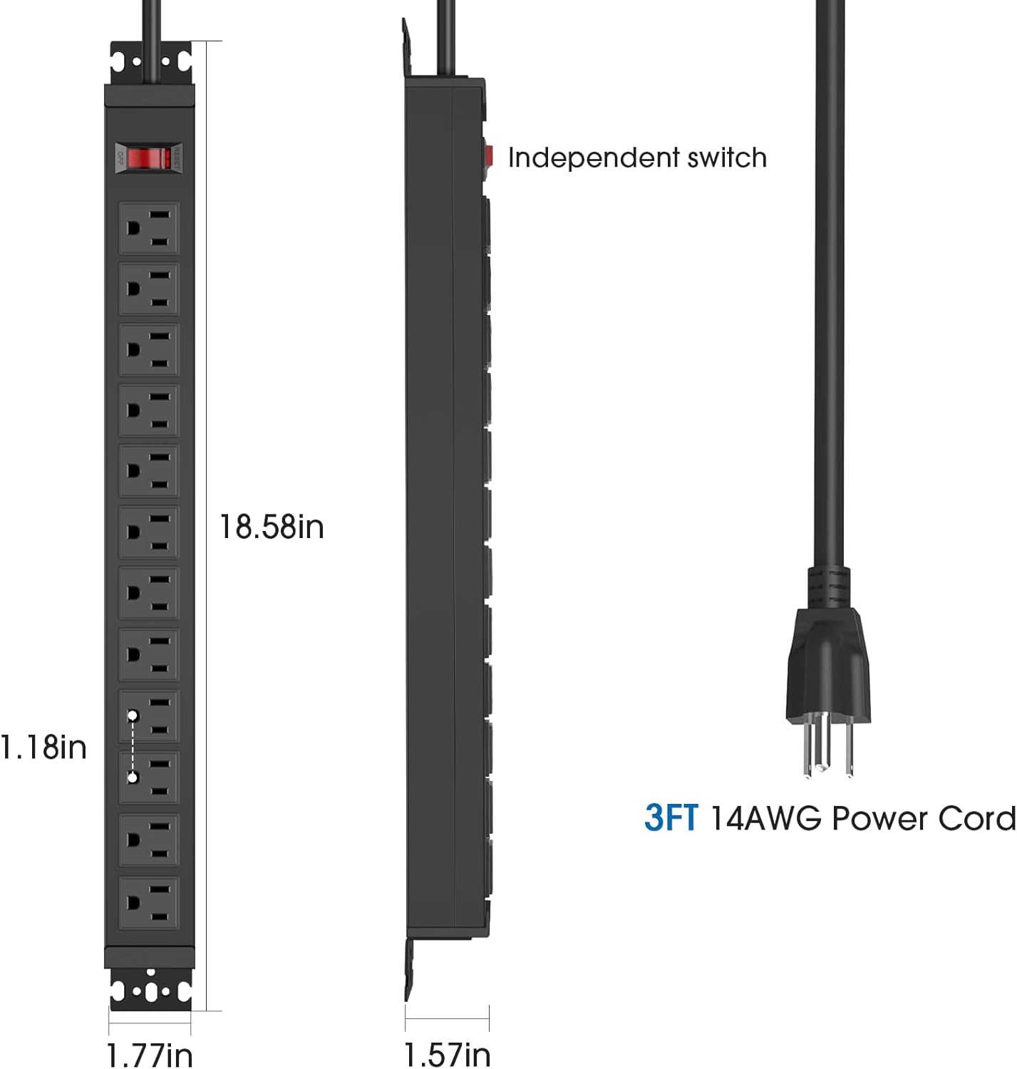 2Pack Rotating Mountable Power Strip, 12 Outlet Wall Mount Surge Protector, Metal Heavy Duty and Versatile Outlet Strip, Stylish Appearance, Sturdy and Durable, 3ft Power Cord.(Black)