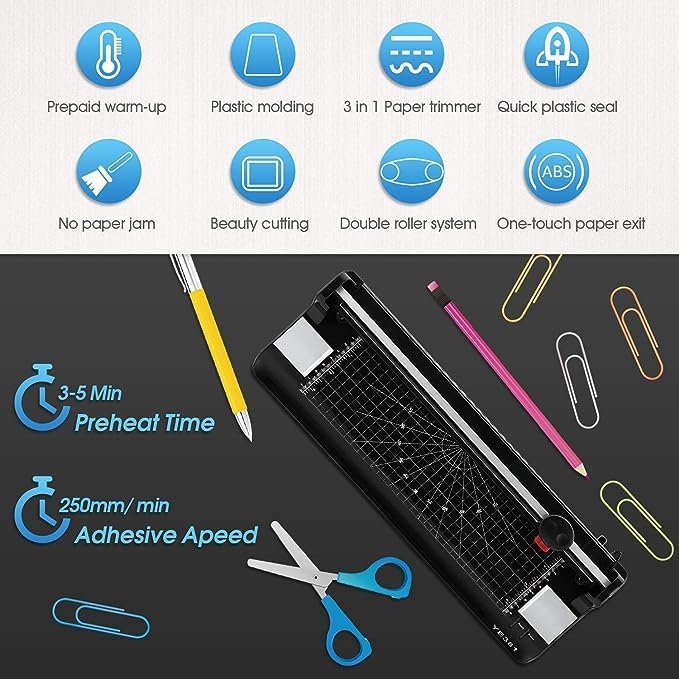 Laminator Machine for A3/A4/A6, YE381 Thermal Laminating Machine for Home Office School Use with 100 Pouches, Paper Trimmer and Corner Rounder