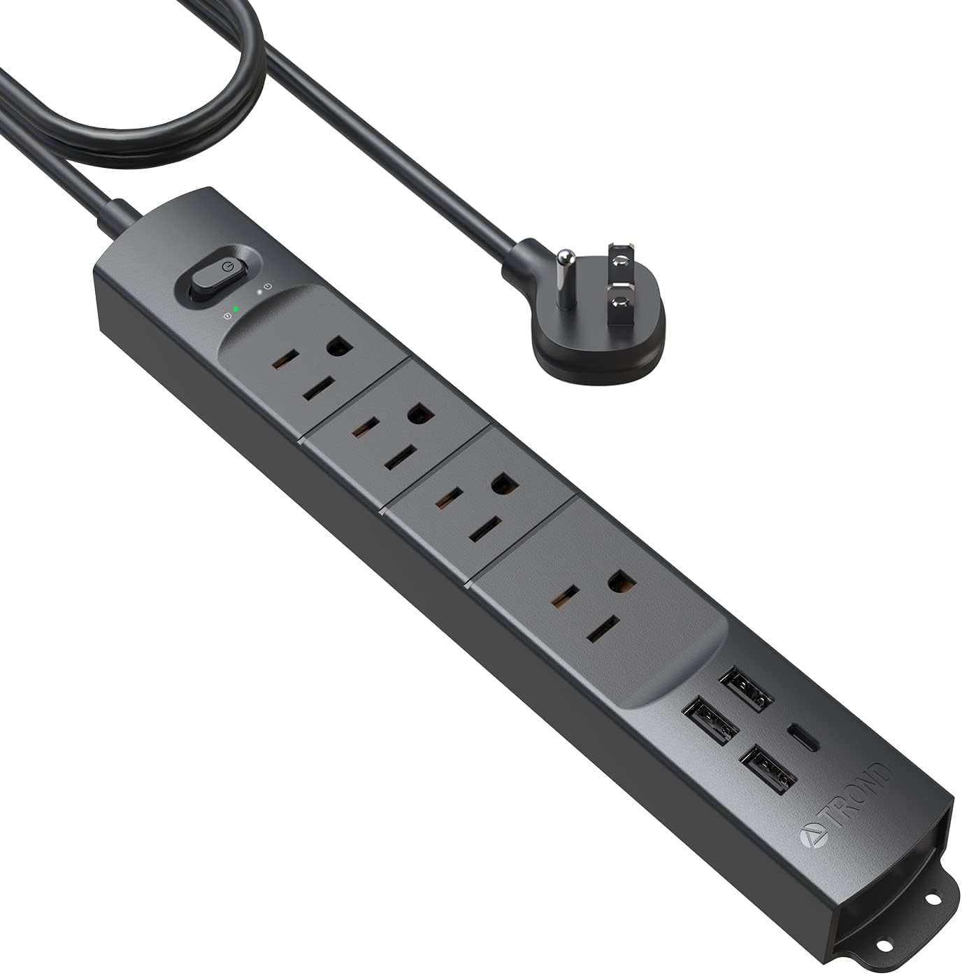TROND Surge Protector Power Strip with USB, Ultra Thin Flat Plug 6ft Long Extension Cord 1625W, 3 USB A & 1 Type C, 4 AC Outlets 1440J Surge Protection Wall Mount for Home Office Dorm Room, Black