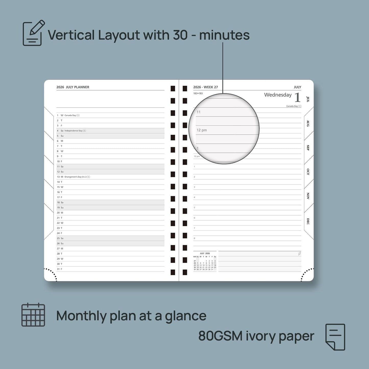 POPRUN 2026 Daily Planner One Page A Day - [8.5" x 5.75" Wire-Bound Hard Cover] Agenda 2026 Hourly Appointment Book with Monthly Calendar, Inner Pocket, Ivory Paper - Violet