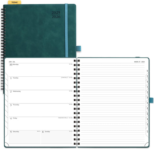 POPRUN Planner 2025-2026 Weekly Planner Notebook (Large 8.5''x 10.5'') Academic Calendar (JUL.25 - JUN.26) Appointment Book with Monthly Tabs, Spiral Soft Cover, Inner Pocket, 100 GSM - Petrol