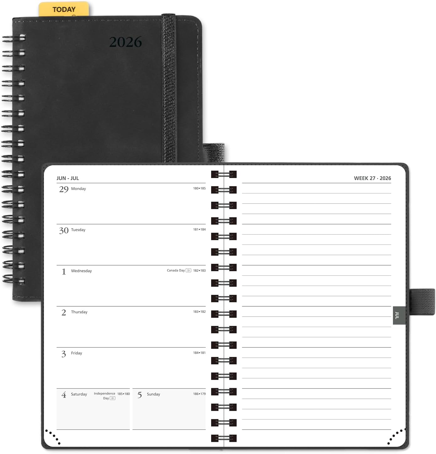 POPRUN 2026 Planner Weekly Notebook (Jan-Dec), Small Size 4''x 6.25'' - 2026 Pocket Calendar for Purse with Spiral Soft Cover, Plastic Ruler, Inner Pocket, 100 GSM - Black