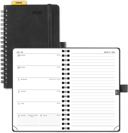 POPRUN 2026 Planner Weekly Notebook (Jan-Dec), Small Size 4''x 6.25'' - 2026 Pocket Calendar for Purse with Spiral Soft Cover, Plastic Ruler, Inner Pocket, 100 GSM - Black