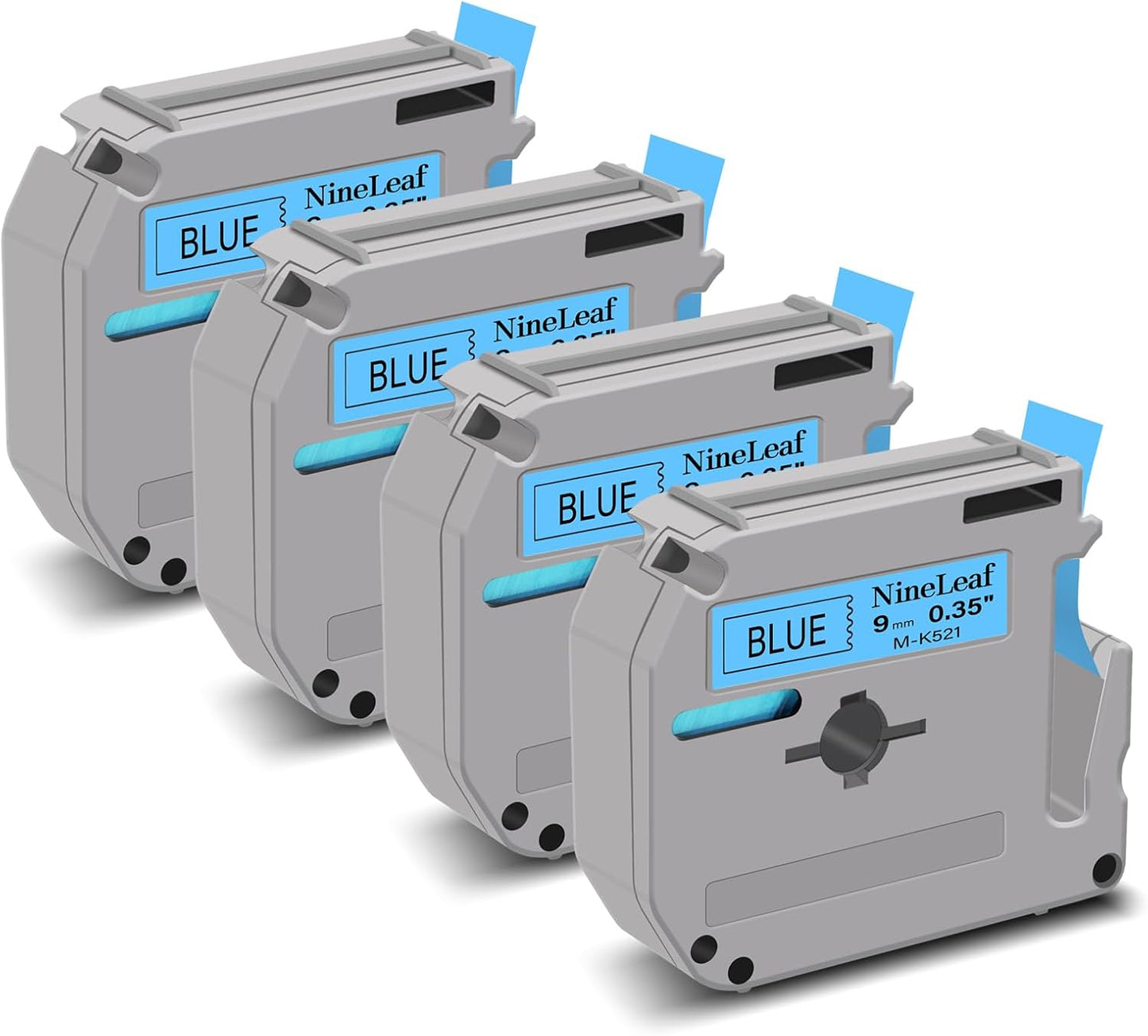 NineLeaf 4 Pack Compatible for ptouch M Label Tape MK521 M-K521 M521 Black on Blue 3/8" (9mm) x 26.2ft (8m) Labeling Refill Cartridge Work in PT-45M PT-65 PT-70 PT-80 PT-M95 Label Maker