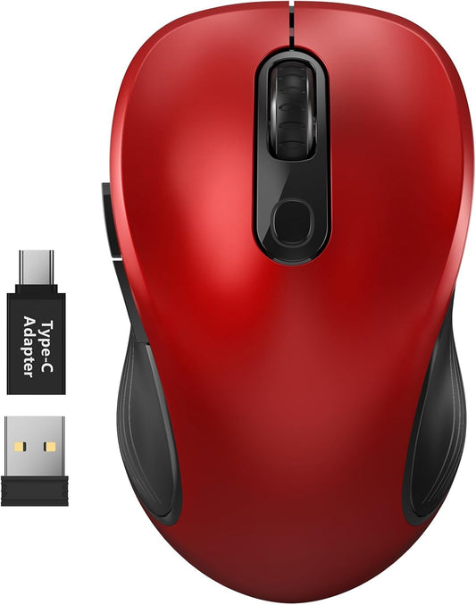 WisFox 2.4G Wireless Mouse for Laptop, Ergonomic Computer Mouse with USB Receiver and Type-C Adapter, 6 Button Cordless Mouse Wireless Mice for Windows Mac PC Notebook (Red)