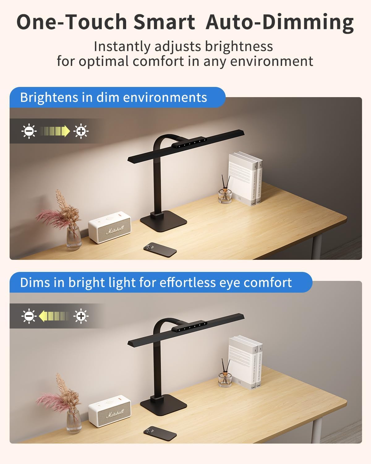 Desk Lamps for Office with Stable Base, 24W Touch Control Brightness Adjustable Tall Desk Lights, Eye-Caring Architect Task Light, Dimmable Brightness & Color Computer Lights for Desktop, Black