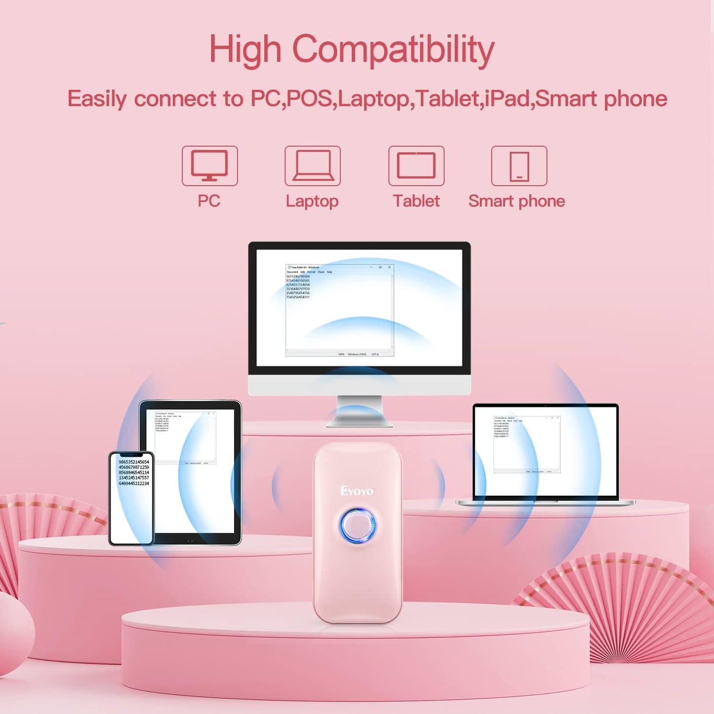 Eyoyo Mini 1D Bluetooth Barcode Scanner, 3-in-1 Bluetooth & USB Wired & 2.4G Wireless Barcode Reader Portable Bar Code Scanning Work with Windows, Android, iOS, Tablets or Computers(Pink)