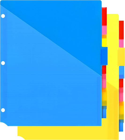 Plastic 8-Tab Dividers with Two Pockets -2 Sets, Pocket Dividers for 3-Ring Binders, Multi-Color Binder Dividers, Total 16 Tabs