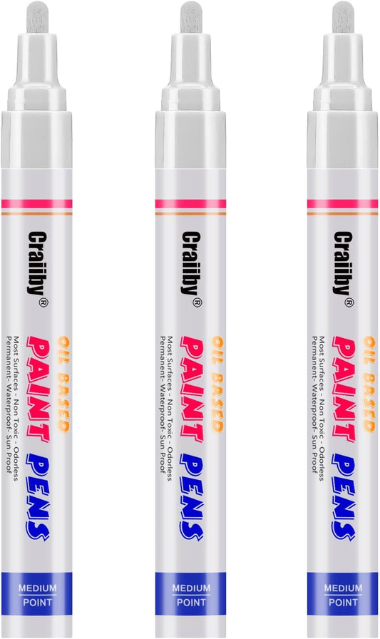 White Paint Markers, 3 Pack Oil-Based Waterproof Quick Dry Permanent Paint Pen Set for Rocks Painting, Wood, Fabric, Plastic, Canvas, Glass, Mugs, Metal, Tire, Stone, DIY Craft
