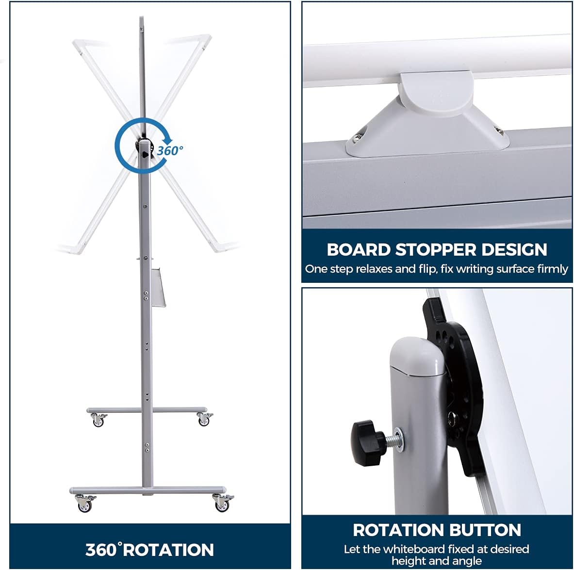 Magnetic Mobile Whiteboard 48x24-in 360° Reversible Two-sided White Board with Wheels, Portable Dry Erase Board Easel with Stand for Office Classroom, Include 6 Dry Erase Markers and 1 Eraser