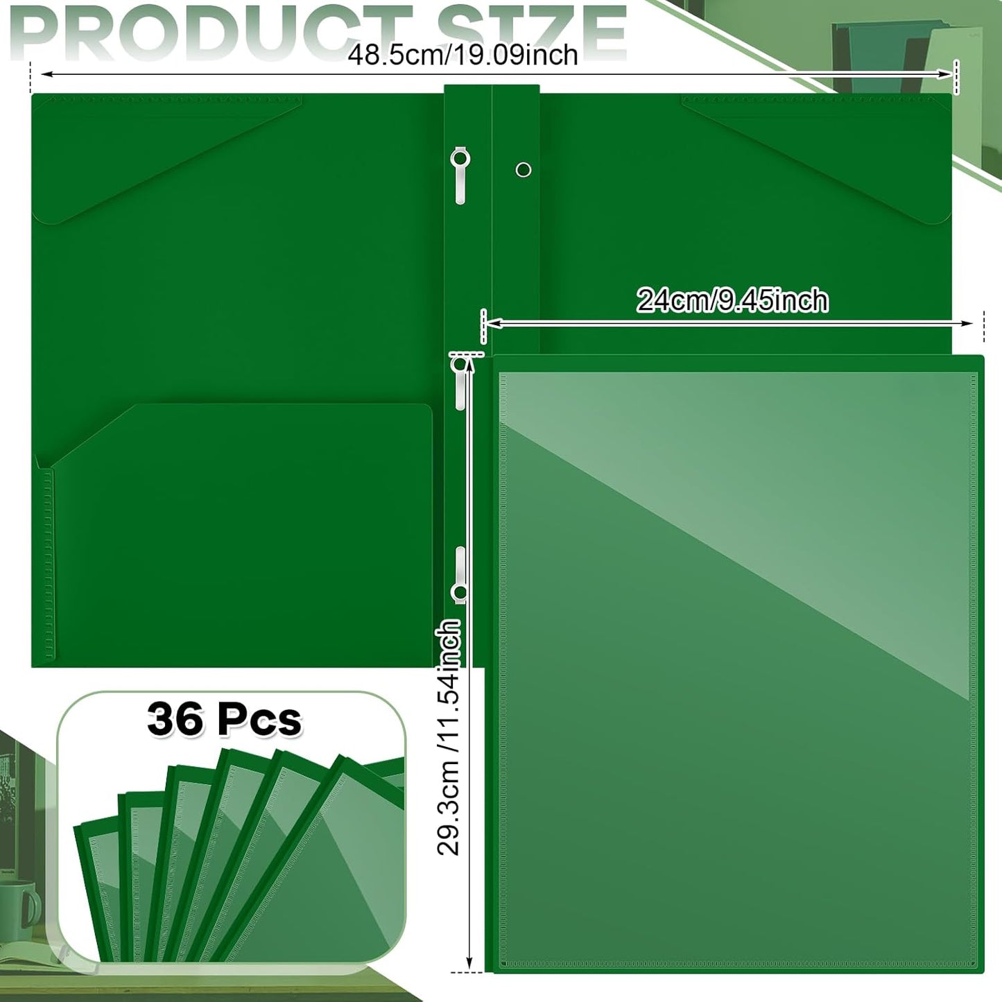 Henoyso 36 Pcs Plastic Folder with Clear Front Pocket and 3 Prong Plastic Folders with Card Slot Pocket Folders with Prongs for School Office (Dark Green)