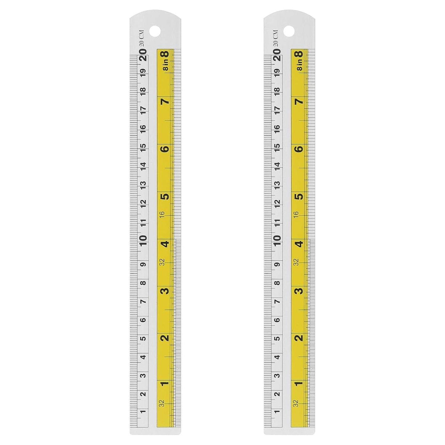 HARFINGTON 2pcs Metal Straight Ruler 20cm Metric SAE Aluminum Alloy Measuring Rulers Scale Tool with Hole for Measure Study Reading Classroom Office, Yellow