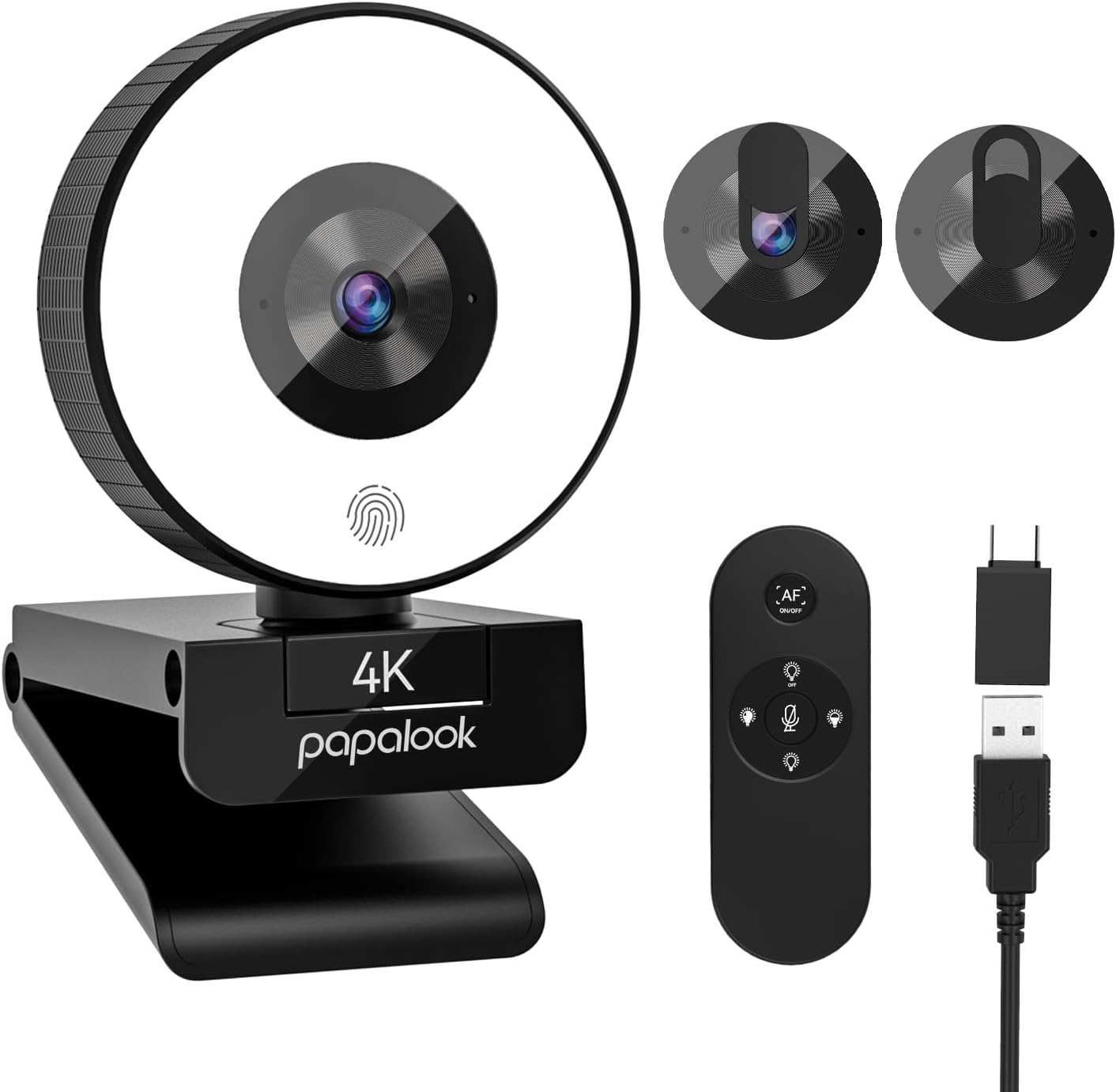 papalook 4K Autofocus Webcam with Light, UHD Web Camera with Remote Control and Dual Noise-Cancelling Mics, Plug and Play USB Webcams for PC Laptop Zoom Skype Teams Google Meet