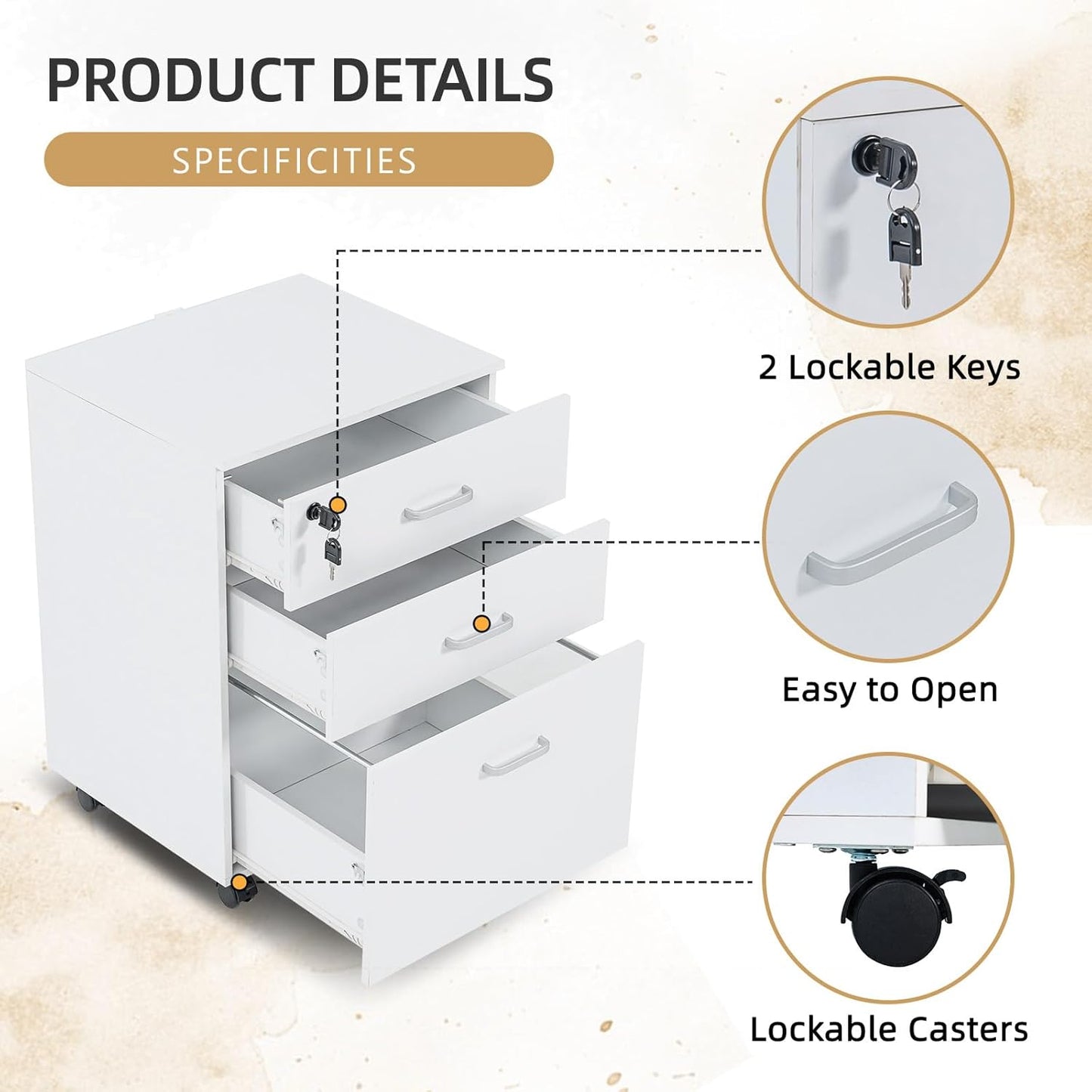 QDSSDECO 3 Drawer Mobile File Cabinet, Rolling Vertical Filing Cabinet fits A4, Legal Paper and Letter Paper for Home Office, White with Lock