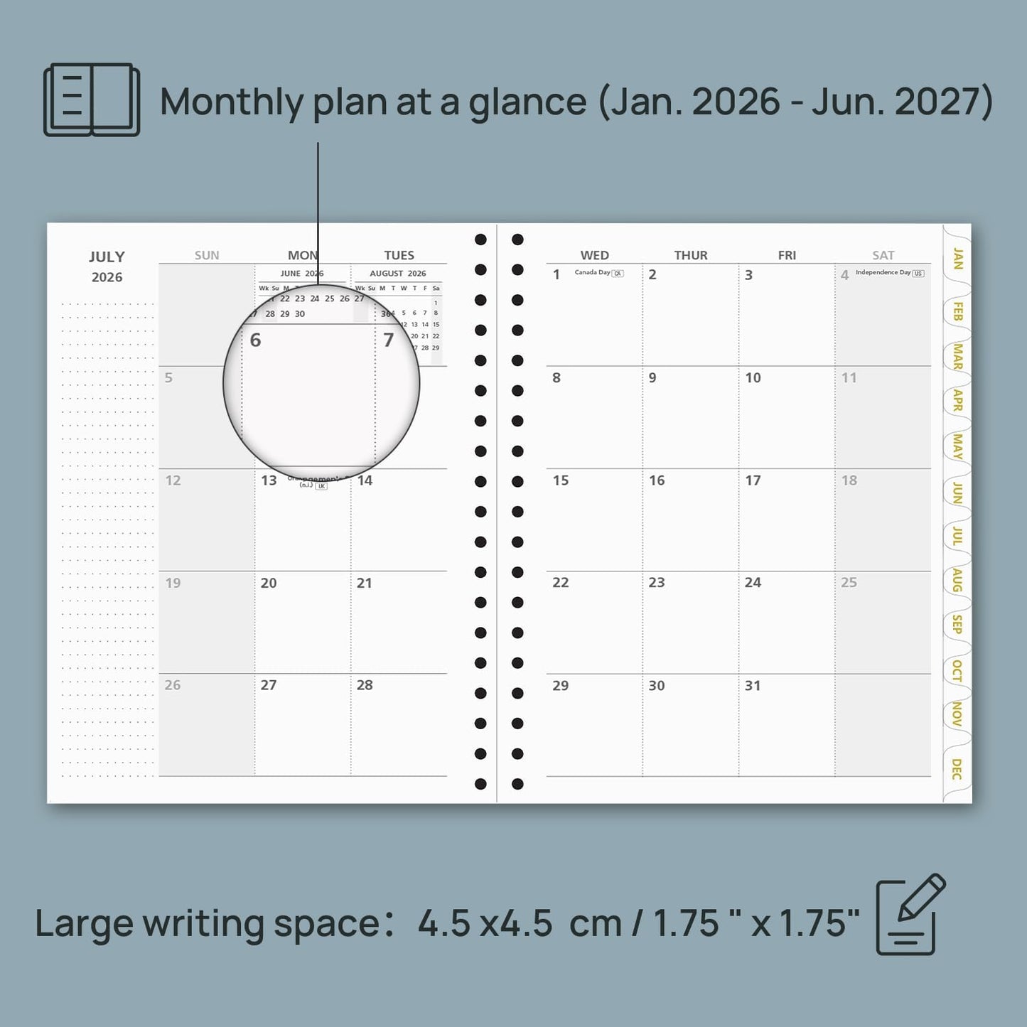 POPRUN Monthly Planner 2026-2027 Spiral Hardcover (8'' x 10''), 18 Months Calendar (Jan.2026-Jun.2027) - 2 Pages per Month with Dotted Note Pages, Sunday Start, Laminated Tab - Light Pink