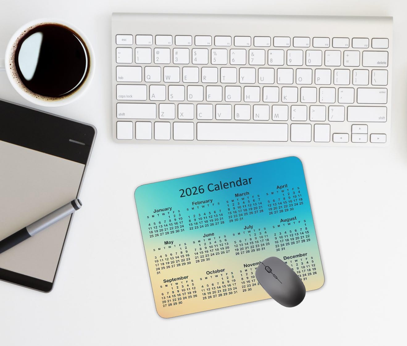 Non-Slip Rubber Mouse Pad， 2026 Calendar Yellow Blue Gradient Background Calendar Black Mouse Mat Mouse Pad Office Gaming Mousemat 9.5 inch x 7.9 inch