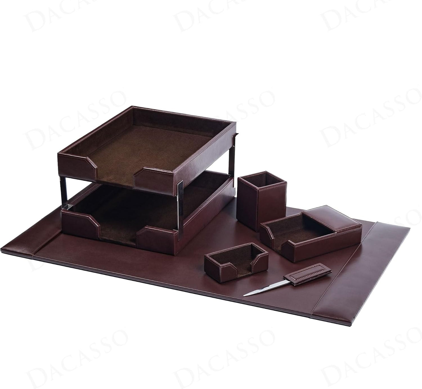 Dacasso Dark Brown Bonded Leather 8-Piece Desk Accessory Set - Organization Essentials & Executive Decor - Luxury Leather Blotter for Office Organization