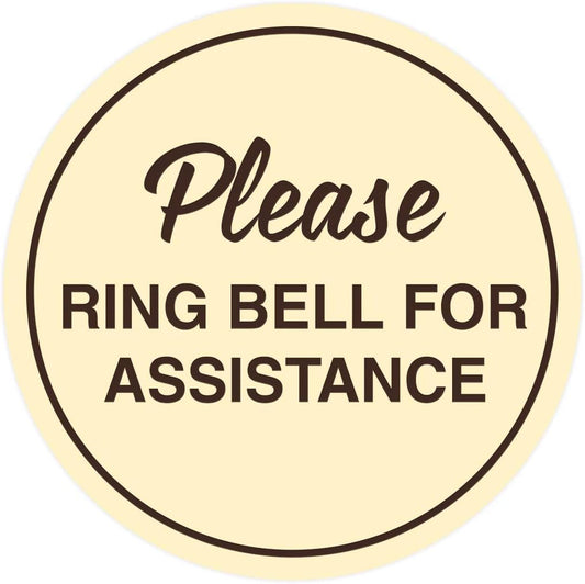 Signs ByLITA Circle Please Ring Bell For Assistance Wall or Door Sign | Easy Installation | Front Desk Reception Sign (Ivory/Dark Brown) - Medium (5 Pack)