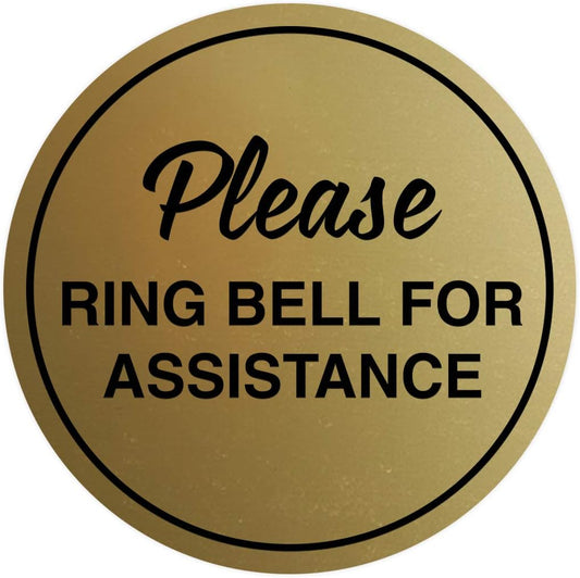 Signs ByLITA Circle Please Ring Bell For Assistance Wall or Door Sign | Easy Installation | Front Desk Reception Sign (Brushed Gold) - Small (2 Pack)