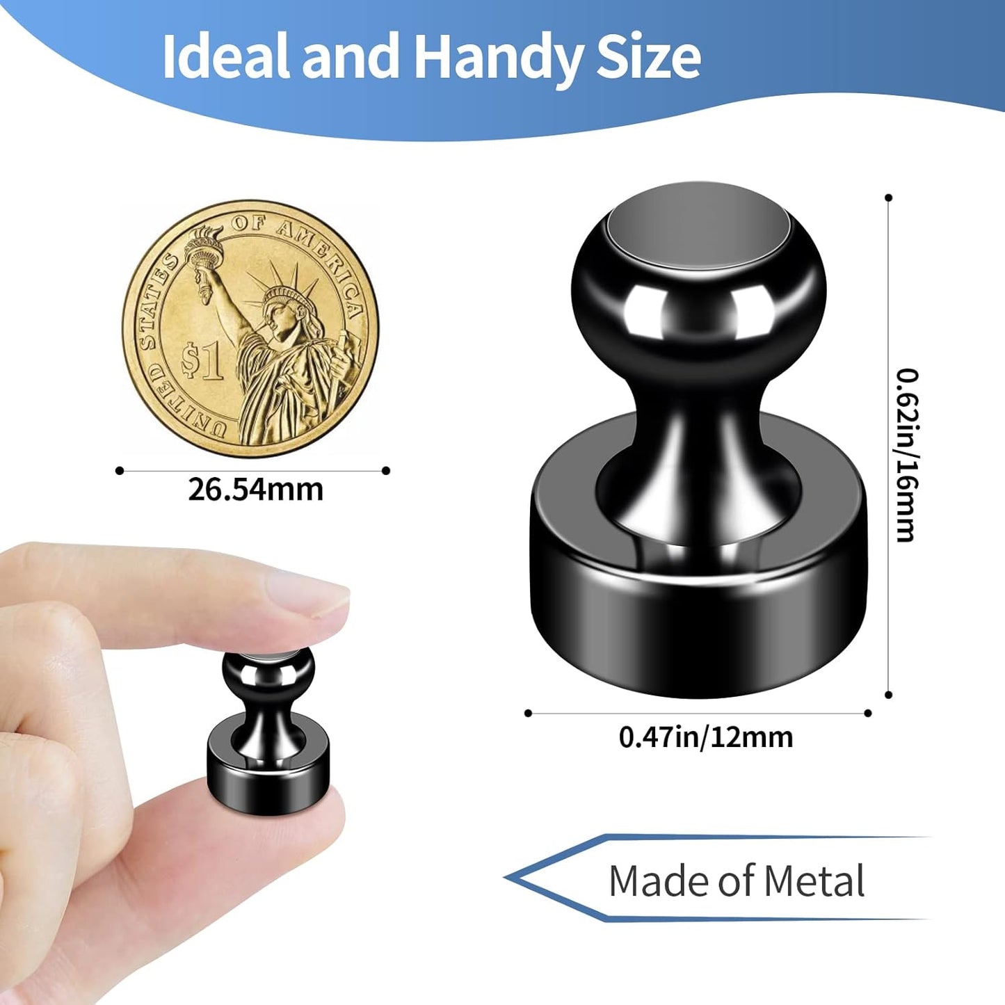 12Pack Fridge Magnets Black,Metal Refrigerator Magnet, Strong Push Pin Magnets for Whiteboard, Refrigerator, Dry Erase Board, Map, Locker Accessories, Office Accessories, Kitchen Accessories