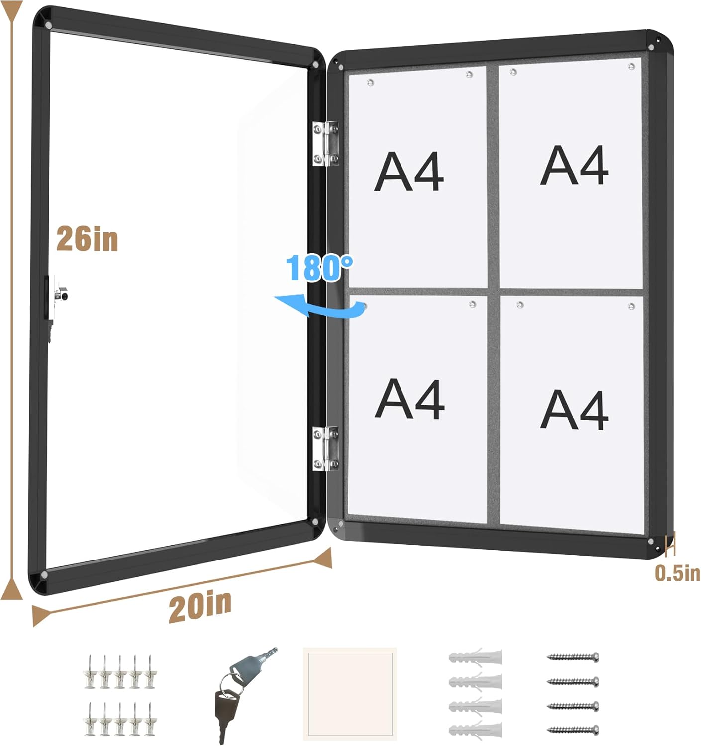 26"x20" Enclosed Bulletin Board, Lockable Weather-Resistant Aluminum Cork Noticeboard for School & Office, Black Frame w/Grey Flet