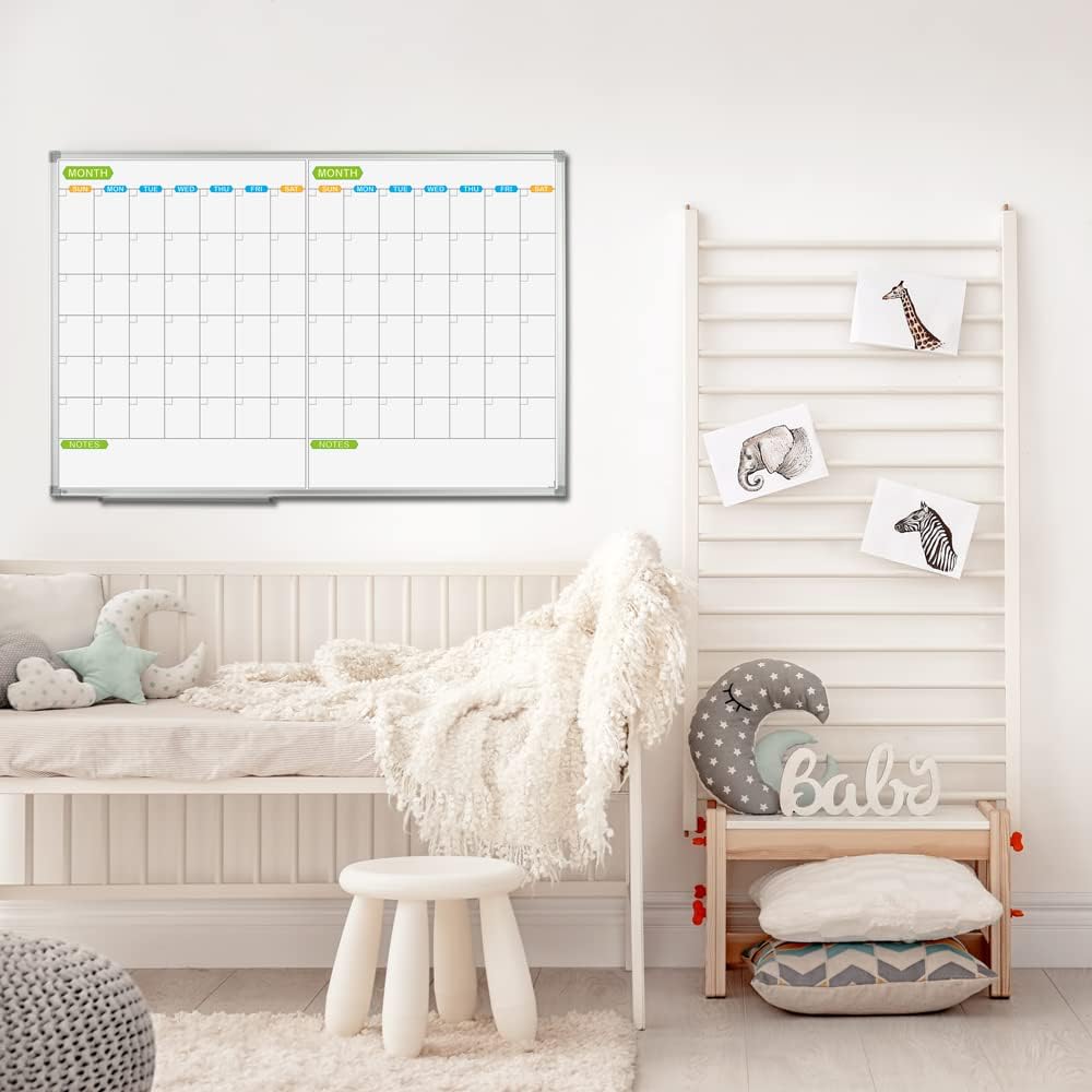 JILoffice Magnetic Dry Erase Calendar Whiteboard, 2 Month White Board Planner 36 X 24 Inch, Silver Aluminum Frame Wall Mounted Board for Office Home and School