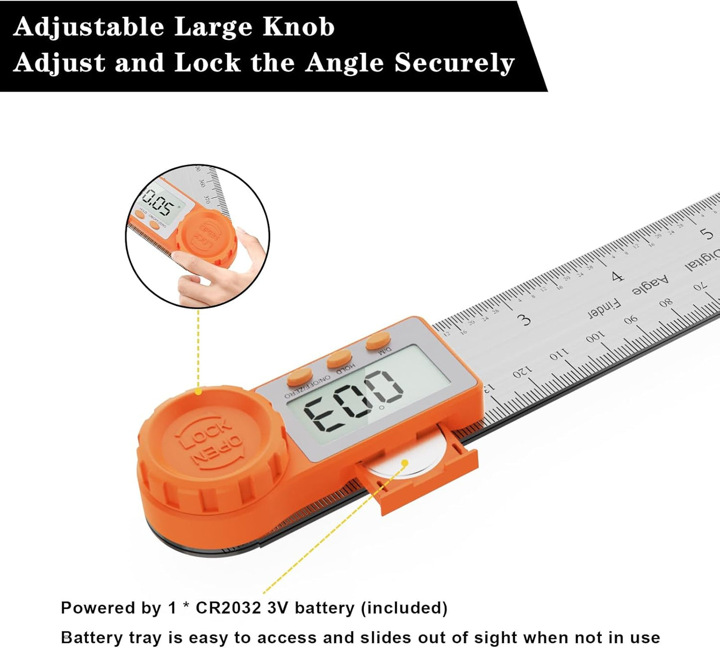 Rainyb Digital Angle Finder Tool 7inch/200 mm 0-360 Degree Stainless Steel Digital Protractor Ruler, Angle Measuring Tool for Carpenters, Woodworkers, Fabricators, Home DIY